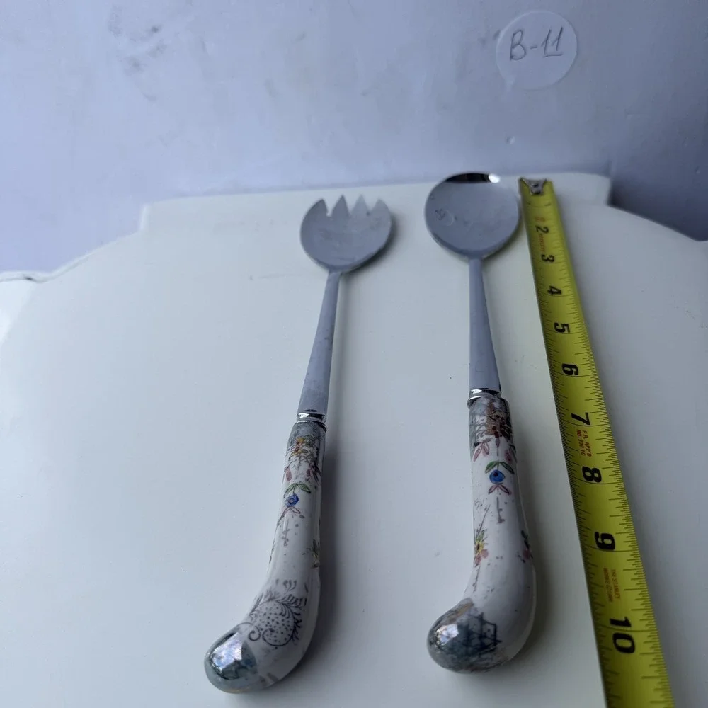 Vintage Sheffield England Floral Porcelain Handle Salad Servers 2-Piece Set